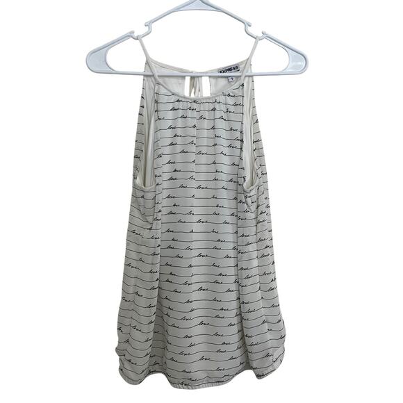 Express | Ivory White Halter Tie Back Love Print Sleeveless Top Medium Chiffon - Picture 2 of 6